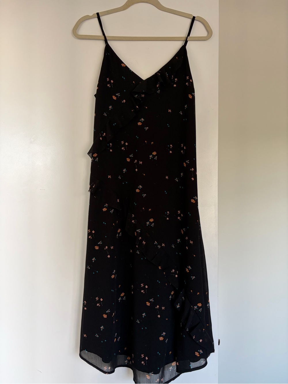 Gentle Fawn Black Floral Ruffle Slip Midi Dress